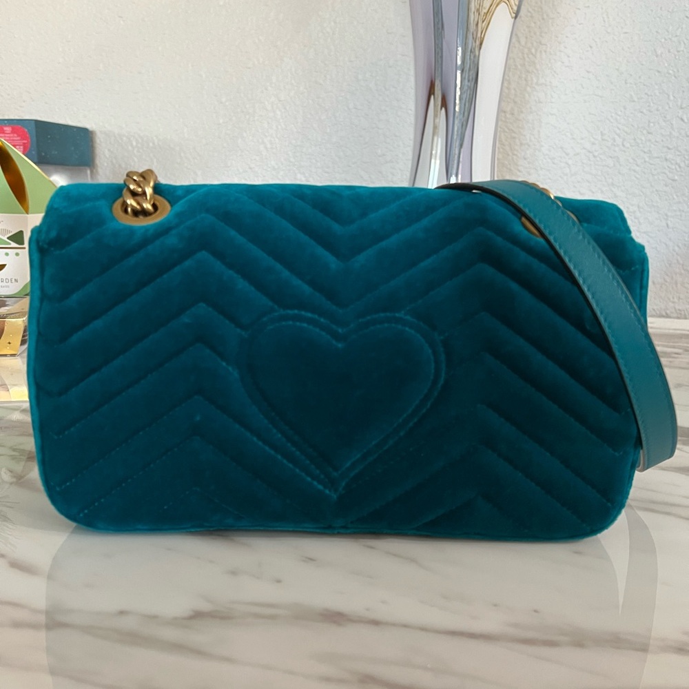 Gucci Marmont Teal Velvet Embellished Limited Editiom Bag Chain Deer - Picture 5 of 13